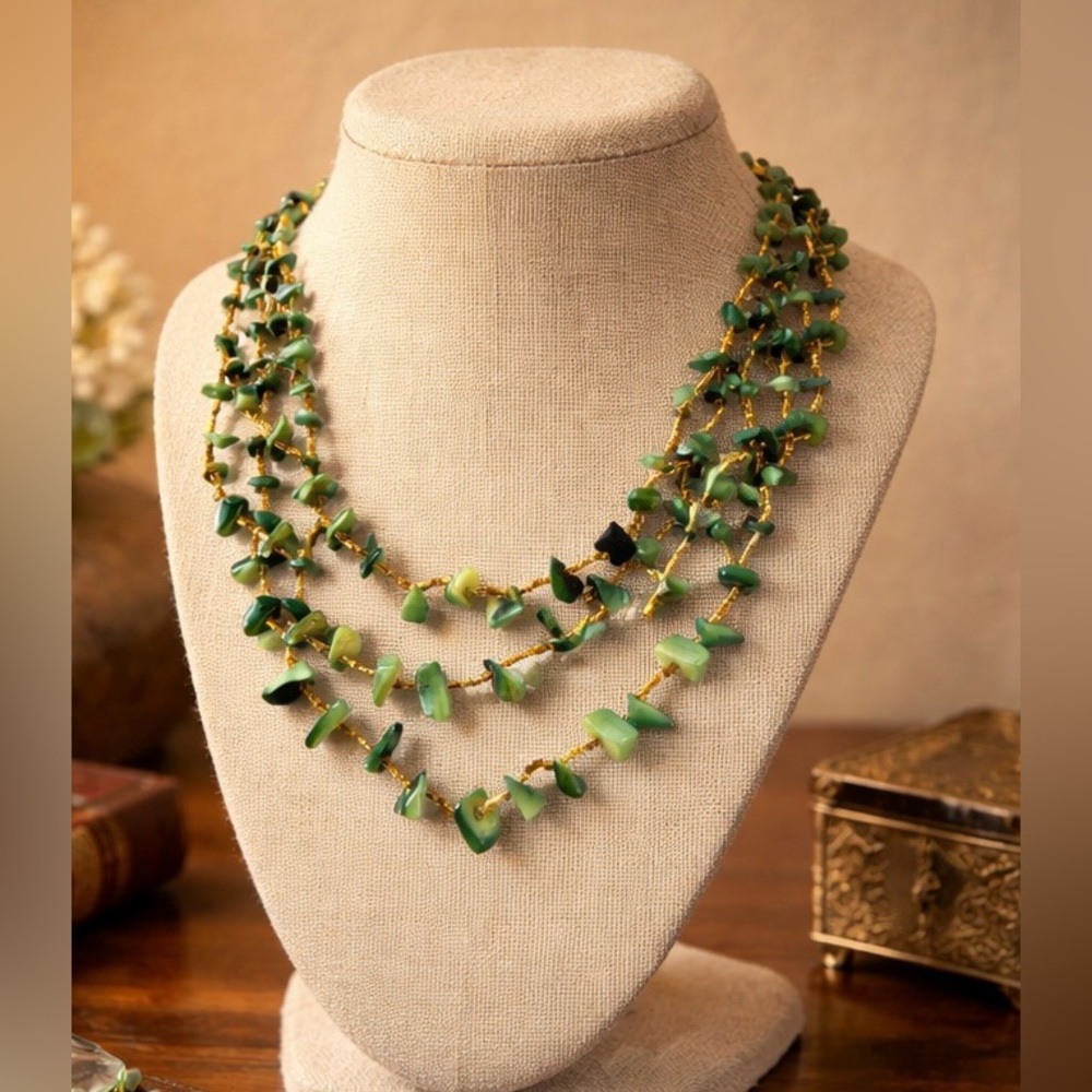 Vintage Malachite Chip Necklace Multi Strand Green Stone Statement Necklace 15”